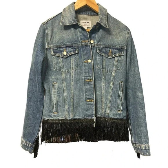 Frame Denim Jacket Button Front Black Fringe Embelishment Size Small - Picture 2 of 7